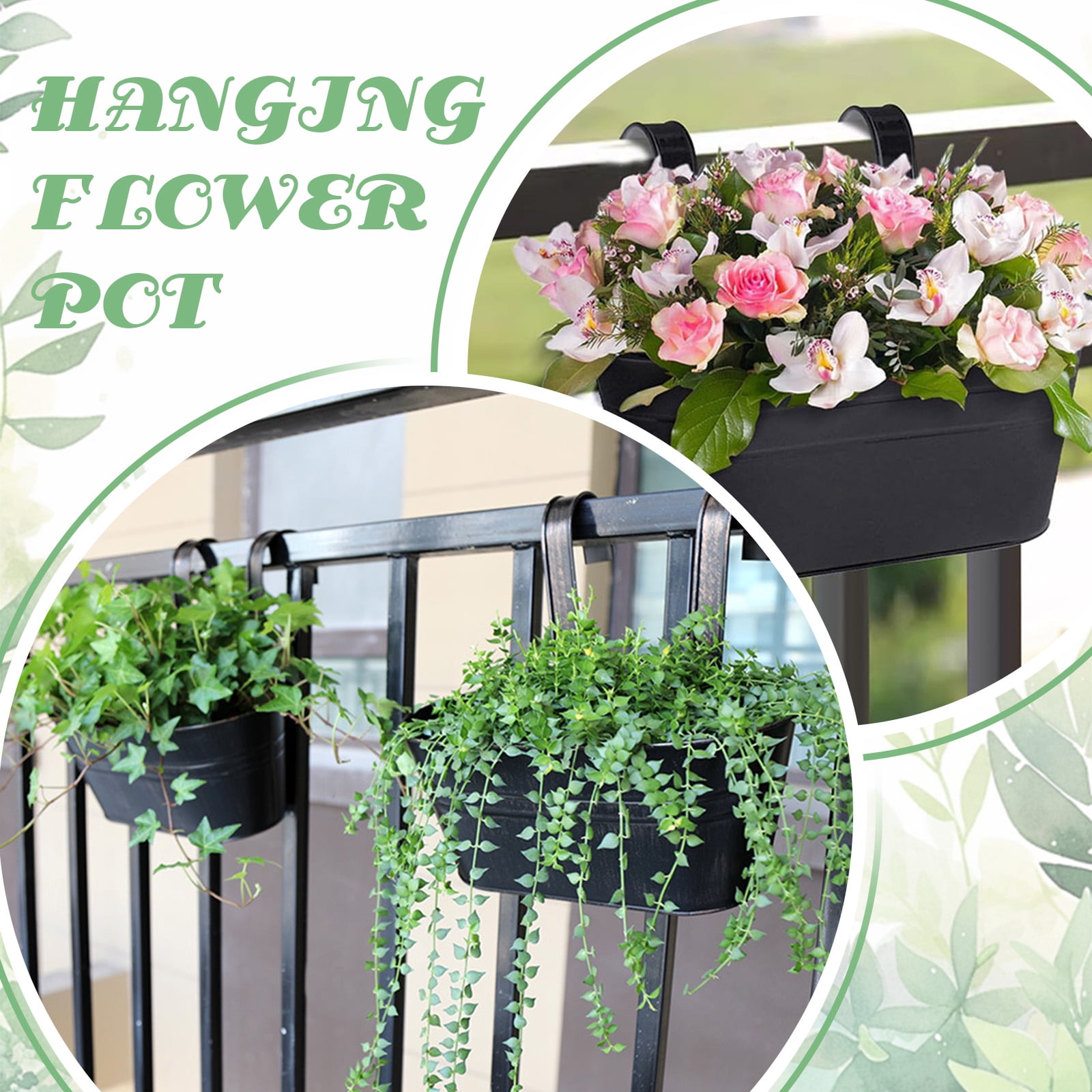 SPOKKI 8Pcs Metal Iron Hanging Flower Pots for Railing,with Detachable Hooks and Drain Holes Oval Hanging Pots Fence Planters for Railing Garden Fence (4pcs 10.6inch+4pcs 4inch