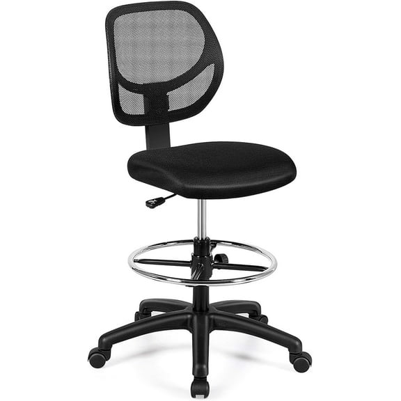 LILEYI Drafting Chair Tall Office Chair with Back, Height Adjustable Home Office Chair on Wheels, Ergonomic Computer Standing Desk Chair with Footrest Ring for Bedroom, Black
