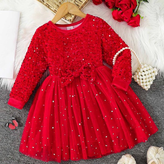 Piuwrlz Girls 1PC Pleated Skirt Sets Girl Long Sleeve Dresses Sets Red Size 4 T