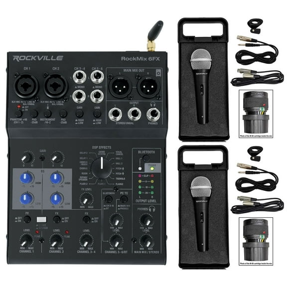 Rockville ROCKMIX 6FX 6 Ch. Mixer Recording Interface Effects (2) Dynamic Mics