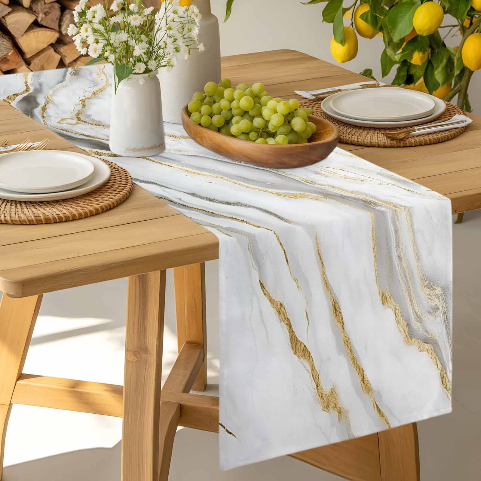 Kitchen Table Runner 90 Inches Long, Abstract White Marble Texture Cotton Linen Table Runners for Dining Tables Home Holiday Party Wedding, Retro Golden Veins Seamless Tabletop Scarf