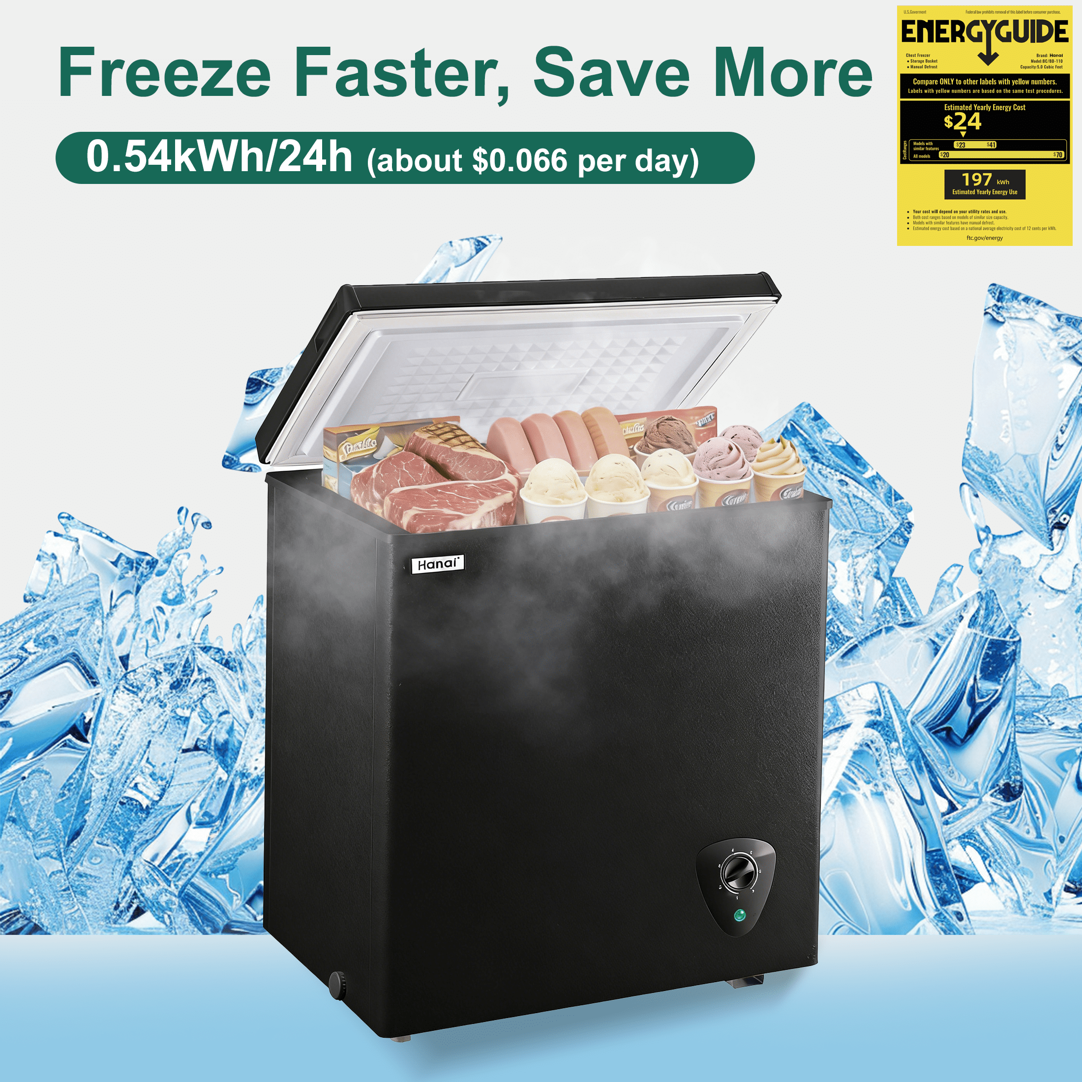 WANAI 5.0 Cu.Ft Black Deep Freezer, Compact Chest Freezer with Removable Basket, 7-Speed Temp Control, Energy Saving, Top Door Design for Kitchen Garage Office