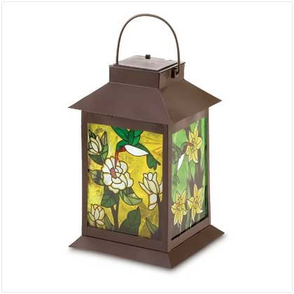 Lit Glass Panel - Solar Powered Floral Lantern, When lit from within, the stained glass panels of this stylish lantern come alive with jewel-like colors, turning captured sunlight.., By Eastwind from USA