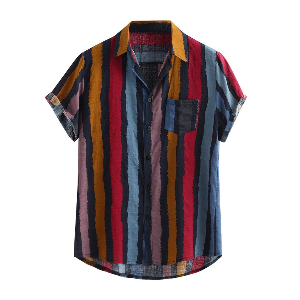 Beautyfine Mens Blouses & Button-Down Shirts Multi Color Lump Chest Pocket Short Sleeve Round Hem Loose Tops 