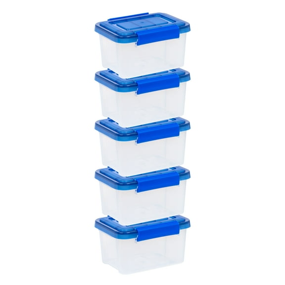 IRIS USA, 6 Quart WeatherPro Plastic Latching Storage Container, Blue Lid, Set of 5