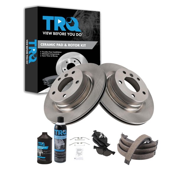 TRQ Rear Brake Pad & Rotor Kit; with Chemical Kit Parking Brake Shoe Set Ceramic Fits 2012-2013 BMW 328i