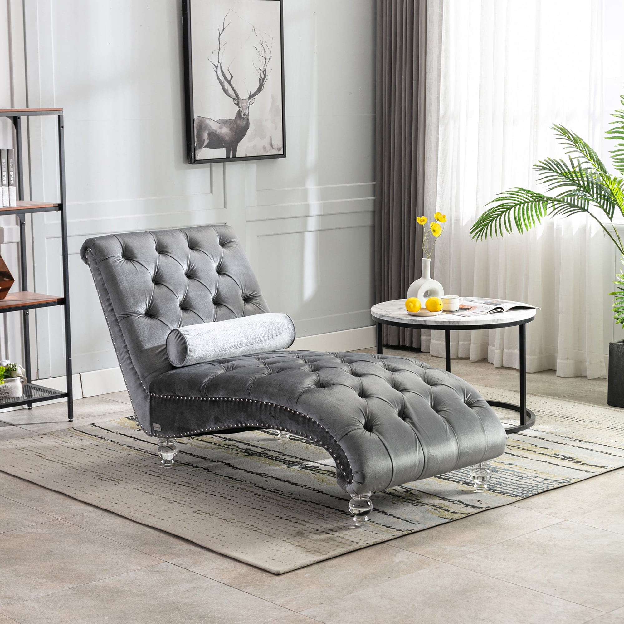 MAYEERTY Velvet Chaise Lounge Indoor,Button-Tufted Upholstered Chaise Lounge Chair with Pillow for Bedroom Living Room Office，Silver Velvet