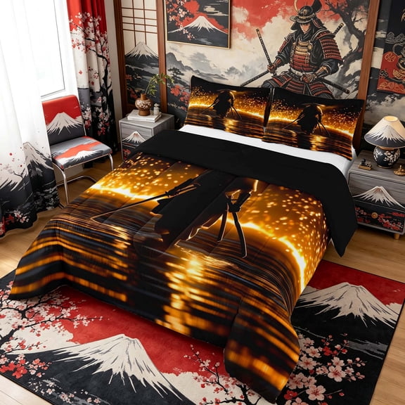 Manfei Silhouette Samurai Full Size Comforter Sets for Boys Men, Fire Water Bedding Sets, Black Gold, Black Reversible 3-Piece, 1 Comforter and 2 Pillowcases