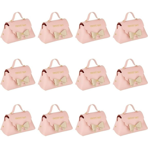 12 Pack Leather Bowknot Gift Boxes with Handle 5.1x2.7x3.15 inch Pink PU Leather Mini Handbag Candy Gift Box Reusable Party Favor Candy Boxes for Wedding Birthday Shower Valentines's Day