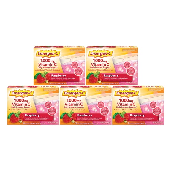 Emergen-C Vitamin C Drink Mix, Raspberry Flavor, 1000 mg Vitamin C, Daily Immune Support Dietary Supplement, 30 Packets (Pack of 5)