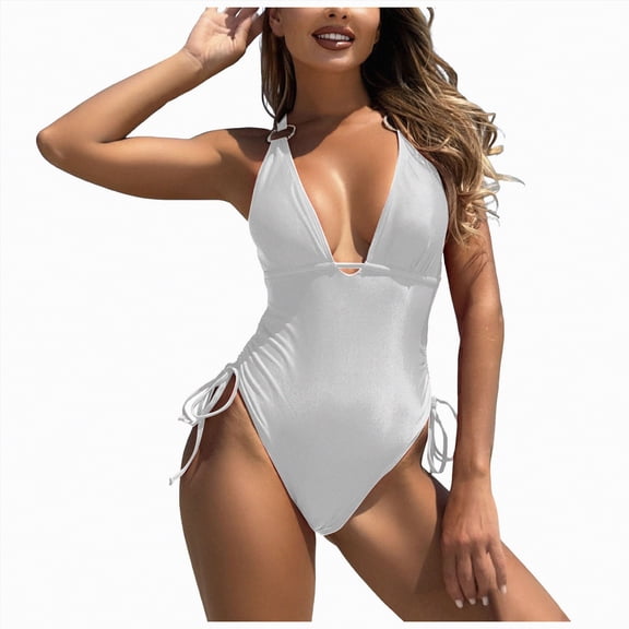 Rotm Swim Suits for Women Women One Piece Tummy Control Swimsuit Crisscross Backless Bathing Suit White,L