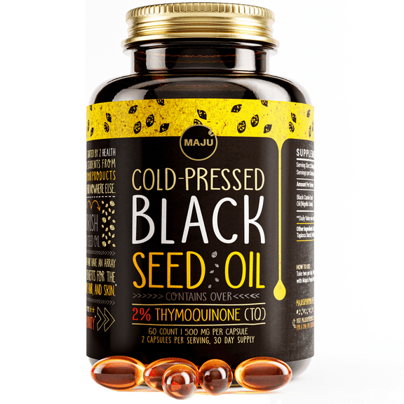 MAJU Black Seed Oil Capsules (60ct), Cold Pressed, High Thymoquinone Nigella Sativa Gelcaps, Halal Friendly, 500mg Per Serving