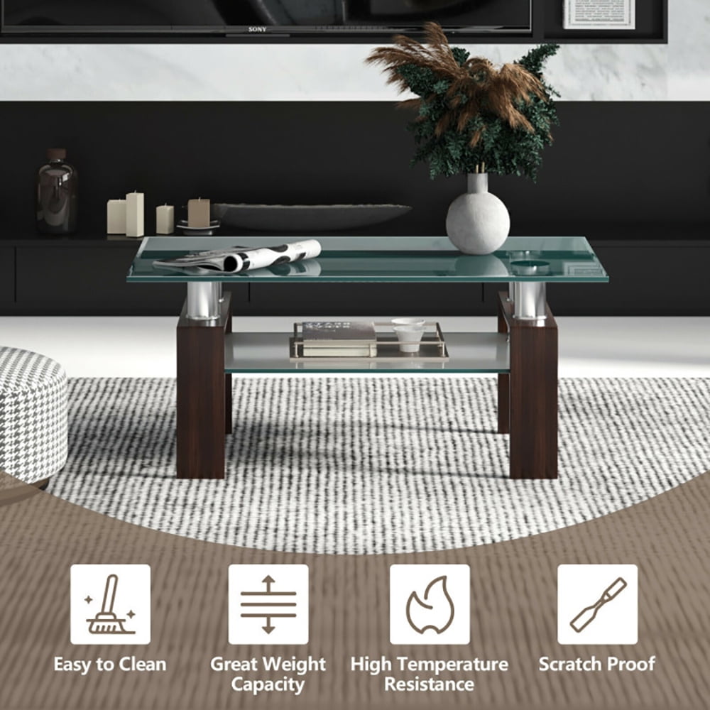 Finihen Glass Coffee Table, Rectangular Coffee Table, Rectangle Glass Coffee Table with Metal Legs, for Living Room, Reception Room, Brown Finihen Glass Coffee Table, Rectangular Coffee Table, Rectangle Glass Coffee Table with Metal Legs, for Living Room, Reception Room, Brown
