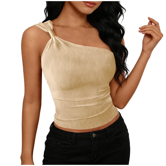 VEKDONE One Shoulder Going Out Tops for Women Trendy Summer Y2K Clothes Sleeveless Fitted Spring Fashion Shirts Beige S