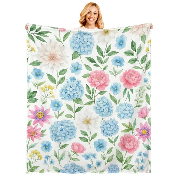 Spring Summer Flannel Blanket Watercolor Wildflowers Flannel Blanket Throw, Soft Lightweight Plush Cozy Blankets for Bed, Sofa, Couch, Travel, Camping