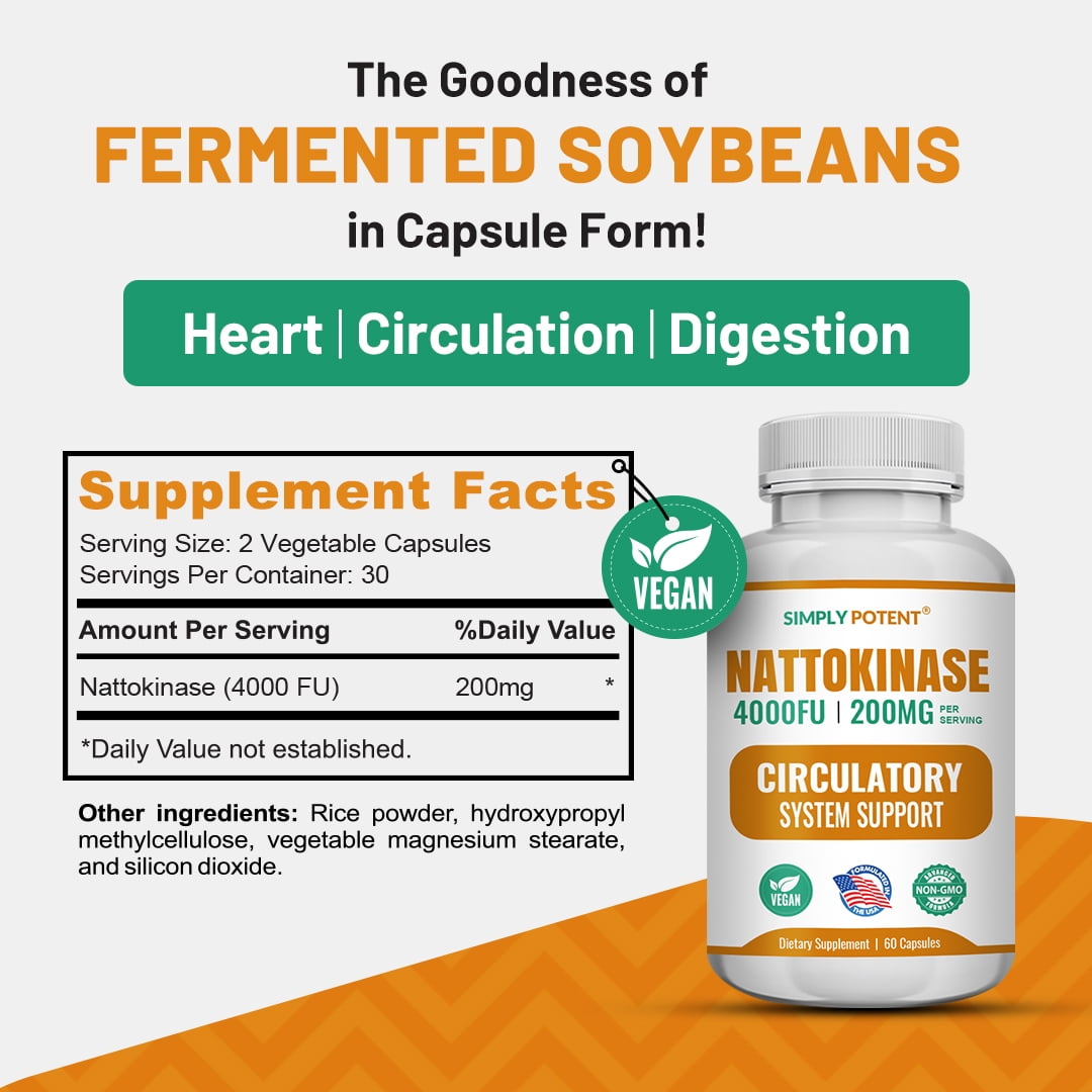 Simply Potents Nattokinase 4000 FU Capsules for Heart Circulation Blood Vascular Support Antioxidant Fibrinolytic 60
