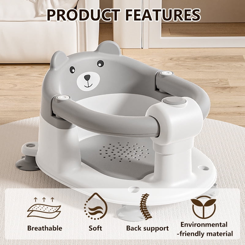 Baby Bath Seat for Babies 6 Months & up, Non-Slip Toddler Bath Seats for Babies Sitting Up, Safe Infant & Newborn Bathtub Chair with 4 Suction Cups & Soft Cushion for Shower,Gray