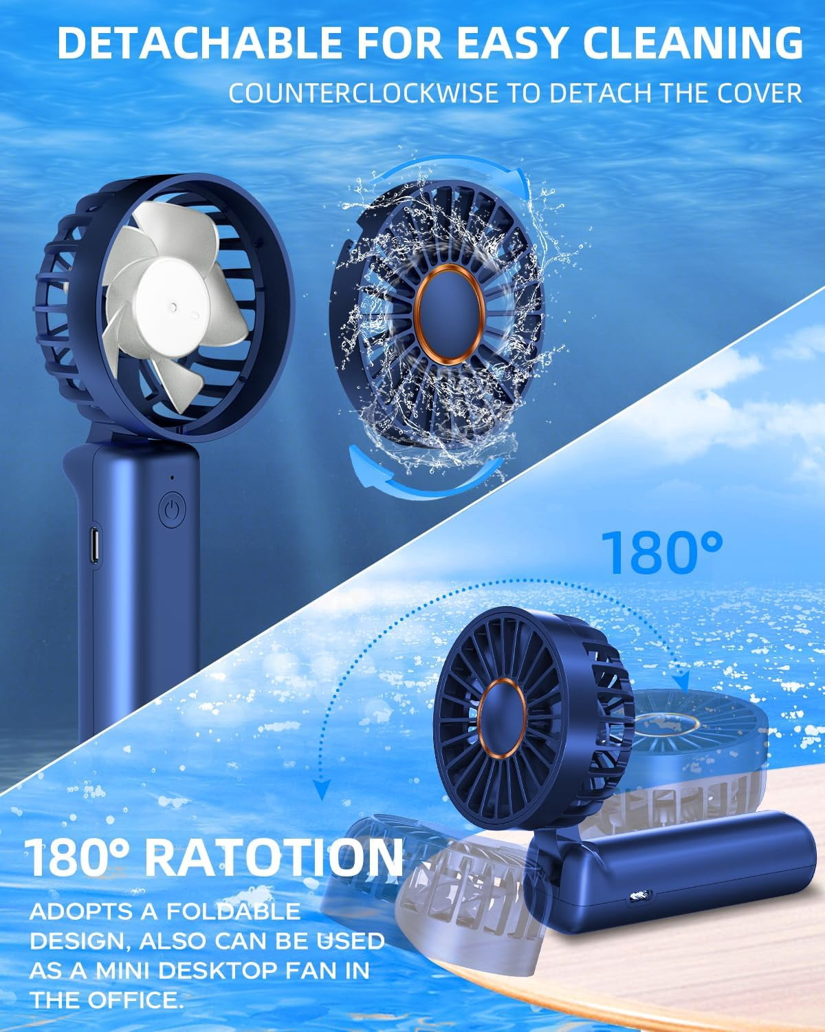 Portable Handheld Fan,Mini Portable Fan, 2000mAh Rechargeable USB Fan, 3 Speed Personal Small Desk Fan,Strong Airflow,Super Quiet, Pocket Fan with Carabiner for Girl Women Home Outdoor Indoor -Blue