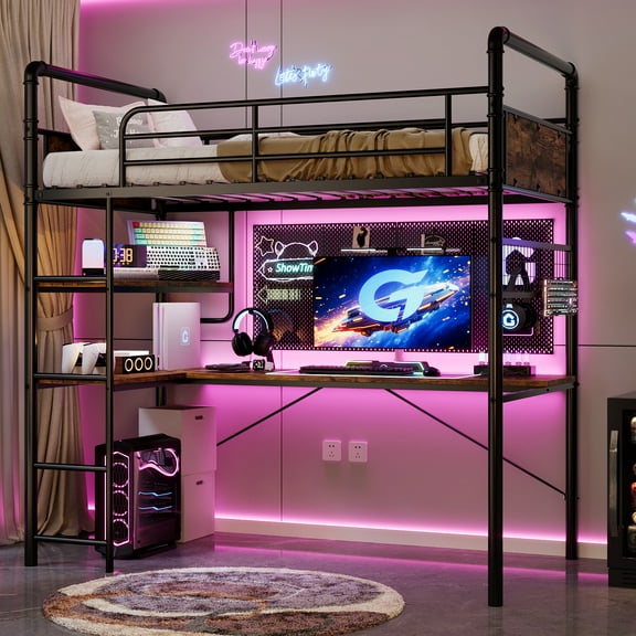 Ataucjin Loft Bunk Bed with L-Shaped Desk, Twin Loft Bed with Desk Underneath, Metal Bunk Beds with High Guardrail 13.4" h Safety Guard & Ladder No Box Spring Needed