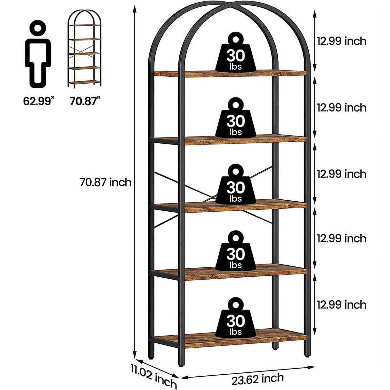 Yesfashion Bookshelf 5 Tier Bookcase Arched Display Racks Tall Standing Bookshelves Mental Frame Rustic Storage Rack Shelf Brown Book Shelf for Bedroom, Living Room, Home Office, Rustic Brown