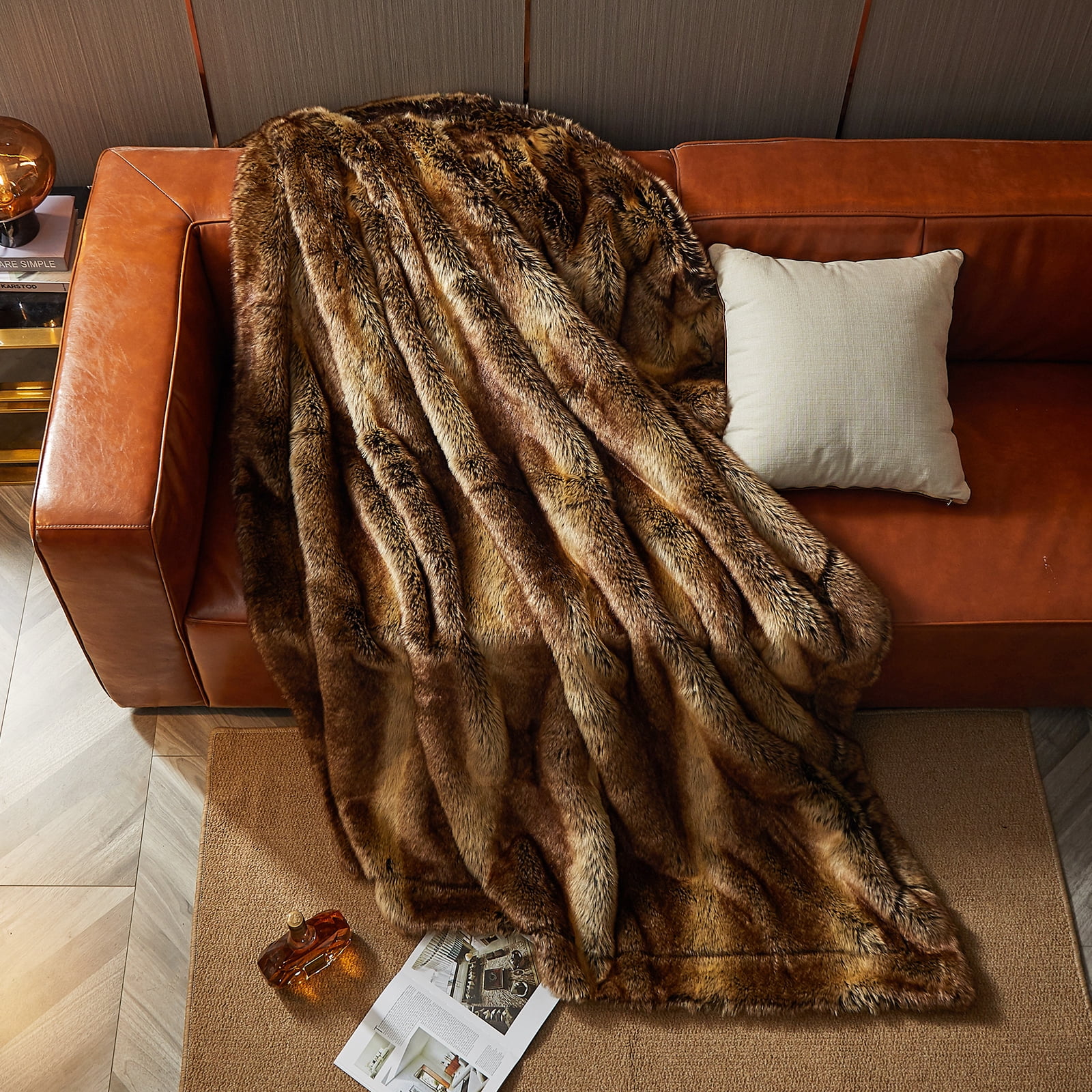 Cozylore Luxury Faux Fur Throw Blanket for Bed Super Thick Warm Long Fluff Fuzzy Blankets for Bedroom Living Room, 90" x 108", Brown