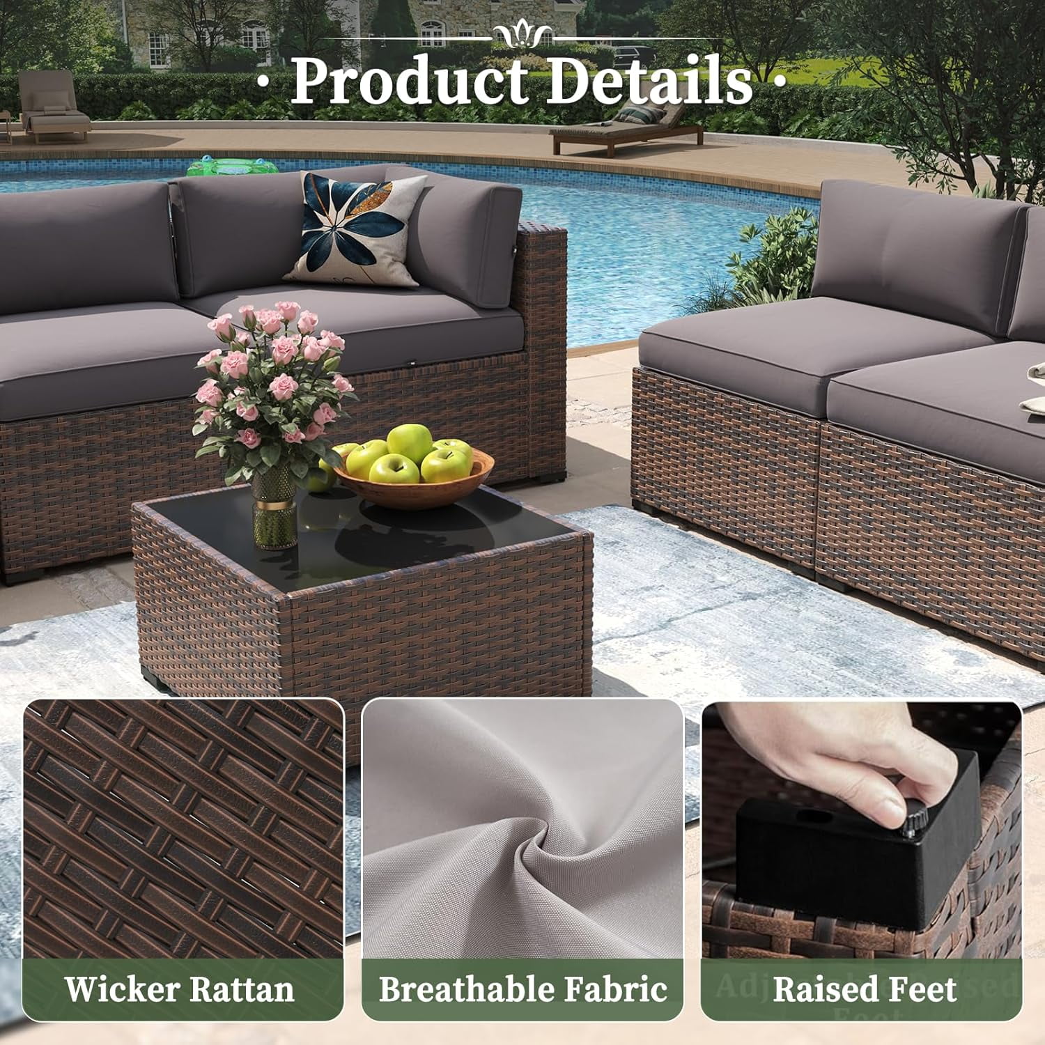 Aoxun 7 Piece Patio Furniture Set Wicker Rattan Patio Conversation Set Outdoor Sectional Sofa Set with Coffee Table and 4” Thickened Cushions, Gray(Waterproof Cover Included)