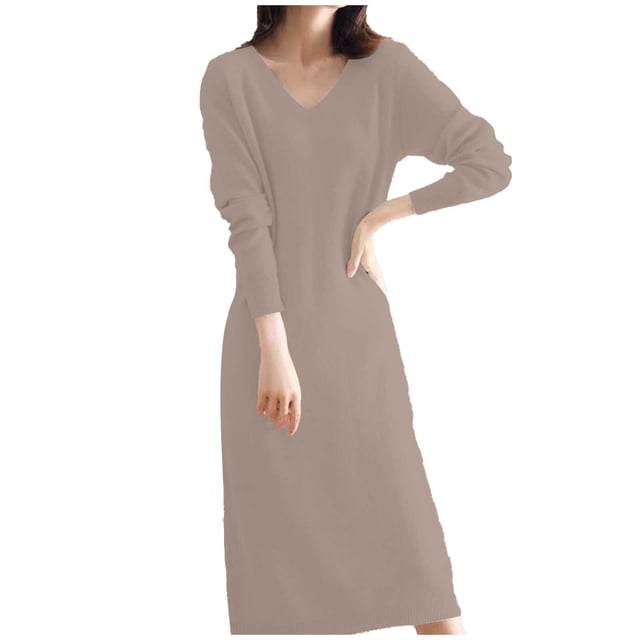 Vestido de punto de lana con cuello en V para mujer - Maxi de manga larga para combinar - Estilo francés - Otoño/invierno - S-XL