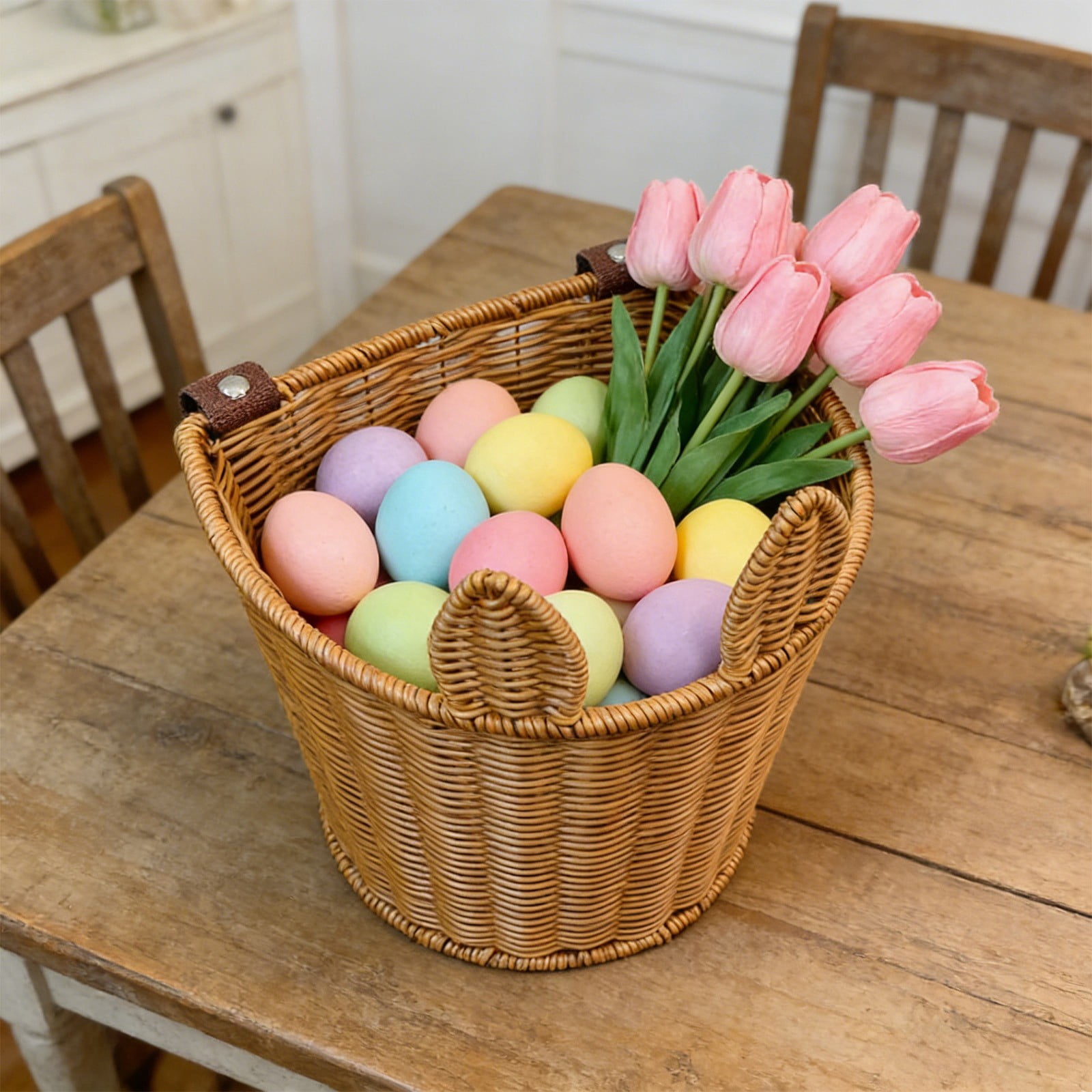 Kbndieu Easter Basket with Straps, Imitation Rattan Woven Bunny Easter Baskets with Cute Rabbit Ears, Easter Egg Hunt Bucket for Picnic Easter Decorations Gifts