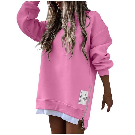 Wangmeiwg Women's Sweatshirts Womens Long Sleeve Zipper Slit Sweatshirt Casual Pullover Hoodies Top with Front Pockets for Everyday Comfort Pink M
