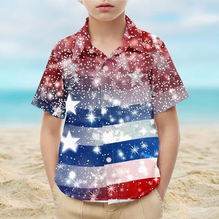 HAOTAGS Tops for Boys Playful Button Printed Short Sleeve Collared Shirts Rose Gold 8 T