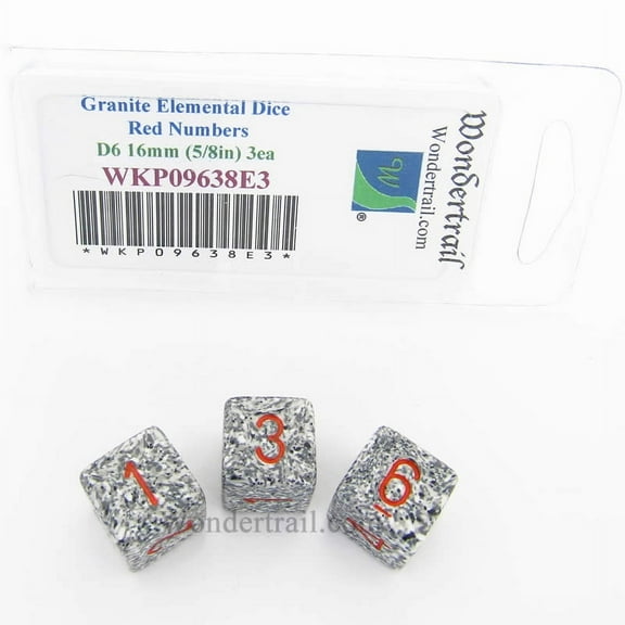 Granite Elemental Dice with Red Numbers D6 16mm (5/8in) Pack of 3 Wondertrail