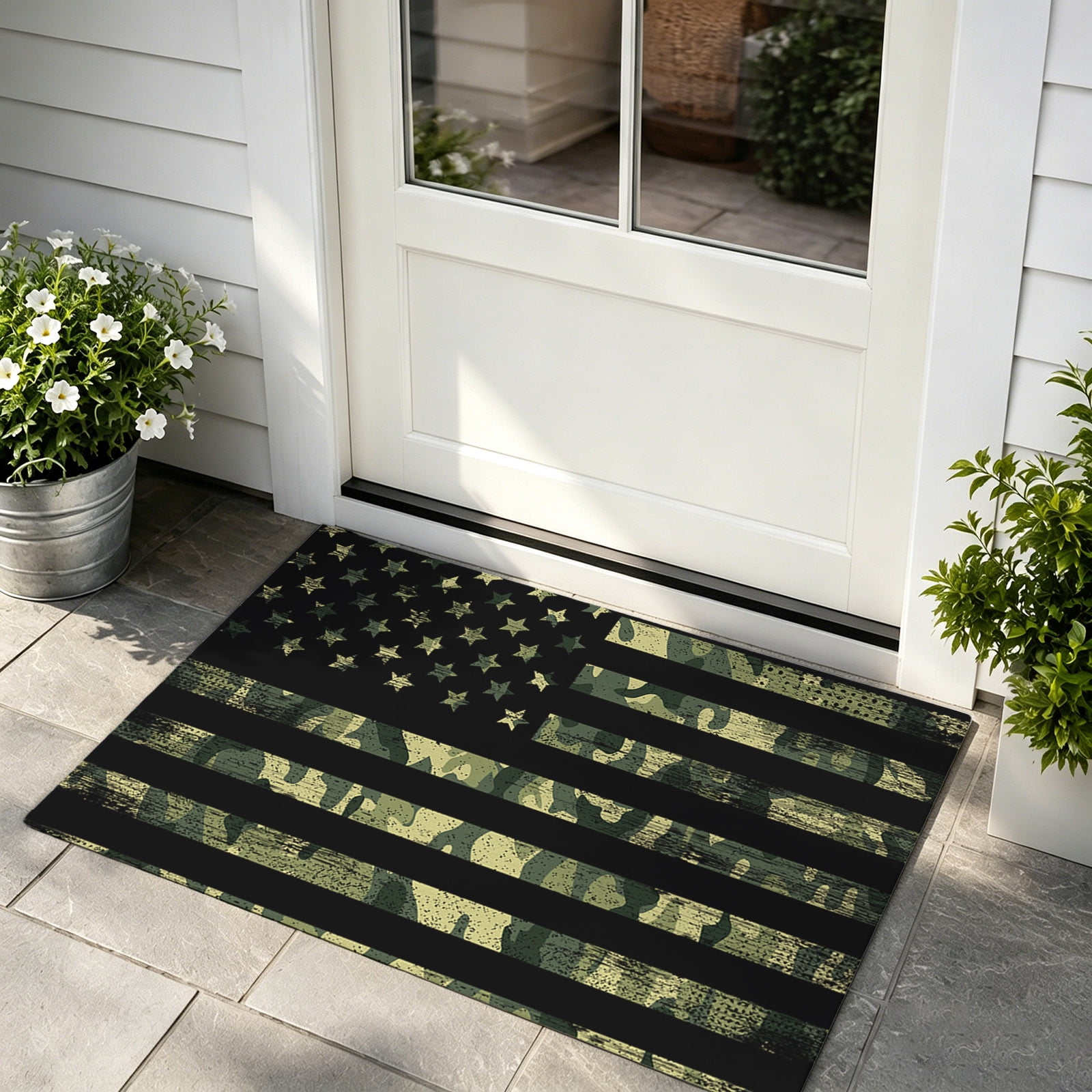Front Door Mat Indoor Outdoor Entrance Green American Flag Low Profile Doormats Non-Slip Backing Wooden Grain Absorbent Welcome Mat for Entryway Hallway 16 x24