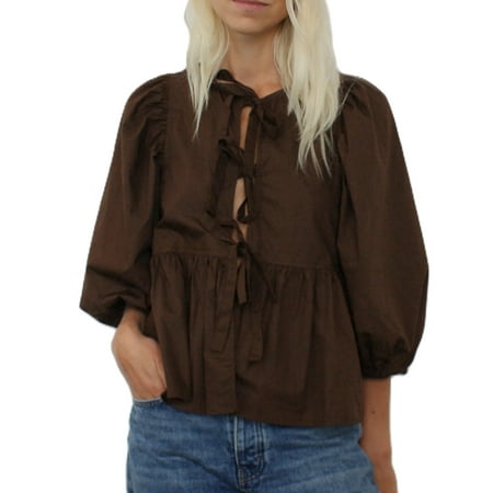 Women Y2K Peplum Tops Puff Short Sleeve Lace Up Tie Open Front Ruffle Hem Blouse Shirt Summer Going Out Cute Babydoll Tops