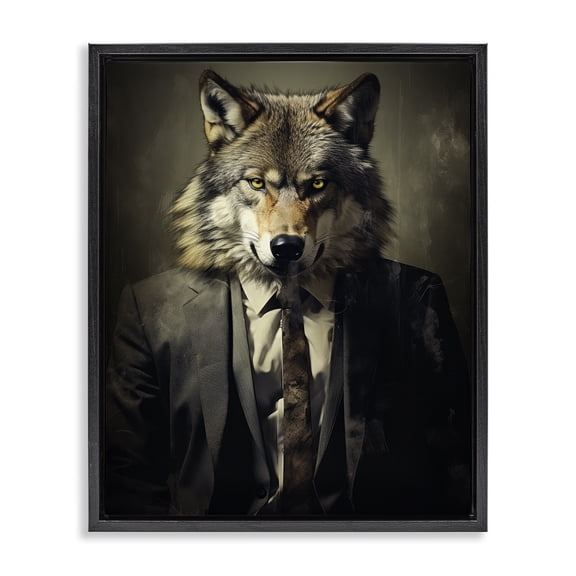 Stupell Industries Eclectic Fancy Wolf in Suit Black Floating Frame Canvas Art, 17 x 21, by Ray Powers