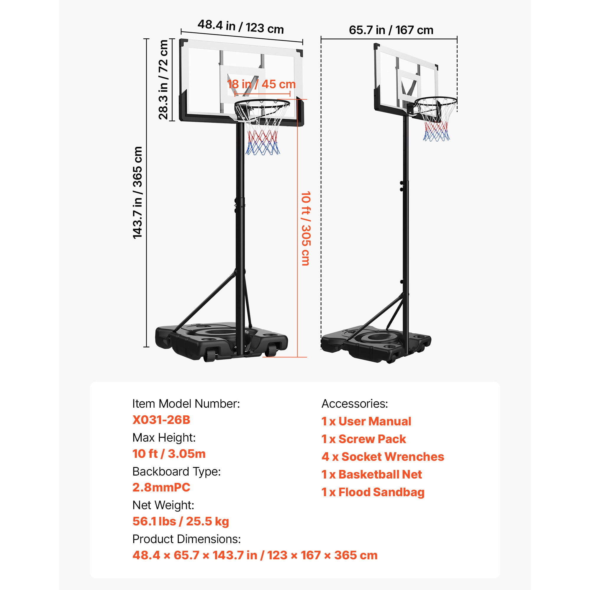 KFFKFF Adjustable Portable Basketball Hoop, 10 ft Height with 48-inch Backboard & Wheels, Suitable for Kids, Teens, and Adults for Driveways, Pools, and Schools
