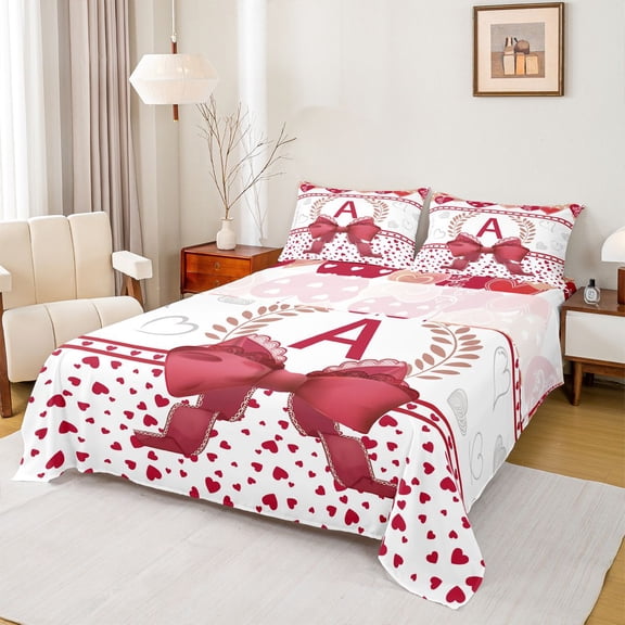 Castle Fairy Female Men Personalized Initial A Twin Sheet Sets 3pcs,Romantic Love Heart Twin Fitted Sheet Microfiber,Cute Ribbon Bow Knot Breathable Flat Sheet,Microfiber Bedroom Decor