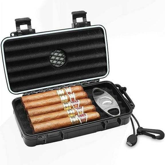 WUSI Travel Cigar Humidor Case - Portable Cigar Box with Humidifier Disc & Cigar Cutter | Waterproof | Crushproof | Airtight | Durable (Holds up to 5 Cigars)