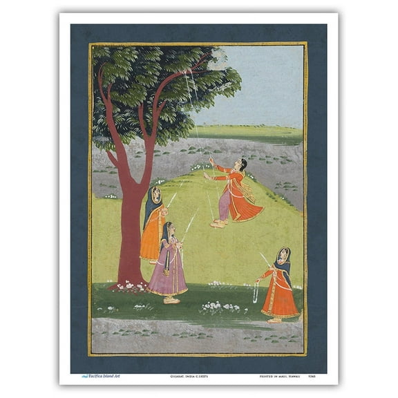 Gujarat India - Lord Krishna’s Consorts on Swings - Vintage Indian Miniature Painting c.1800's - Master Art Print (Unframed) 9in x 12in