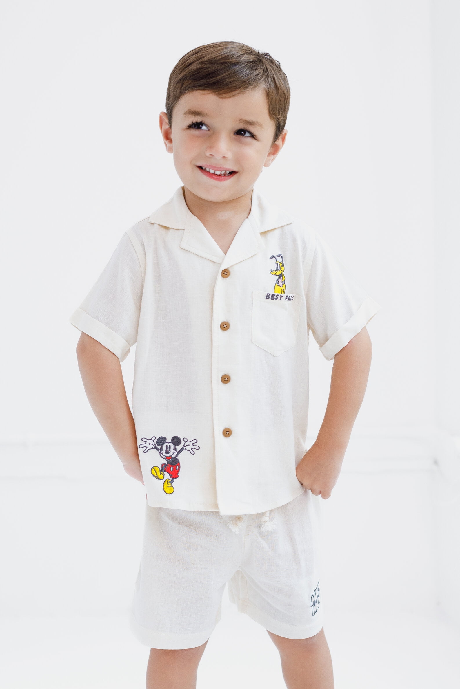 Disney Mickey Mouse Pluto Linen Matching Family Button Down Shirt and Shorts Outfit Set Infant to Little Kid