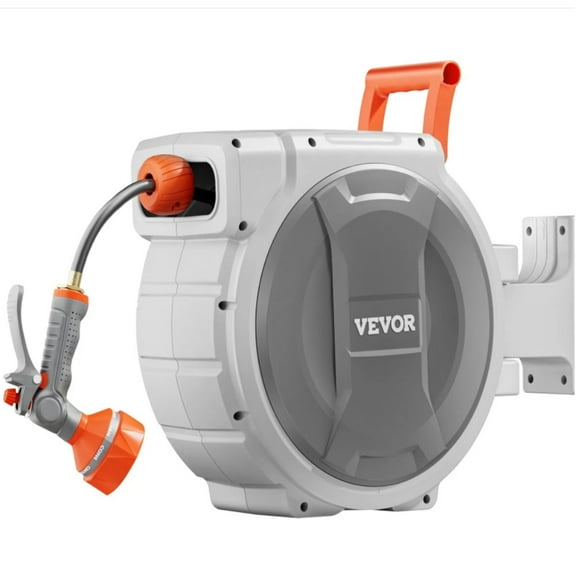 Wall Mount Retractable Garden Hose Reel, 65ft 1/2 Inch Heavy Duty Automatic Rewind Hose Storage with 8 Function Spray Nozzle
