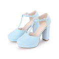 thumbnail image 3 of BLISSFUL STEP Women's Closed Toe Block Heels T-Strap Platform Pumps Sky Blue 7, 3 of 7