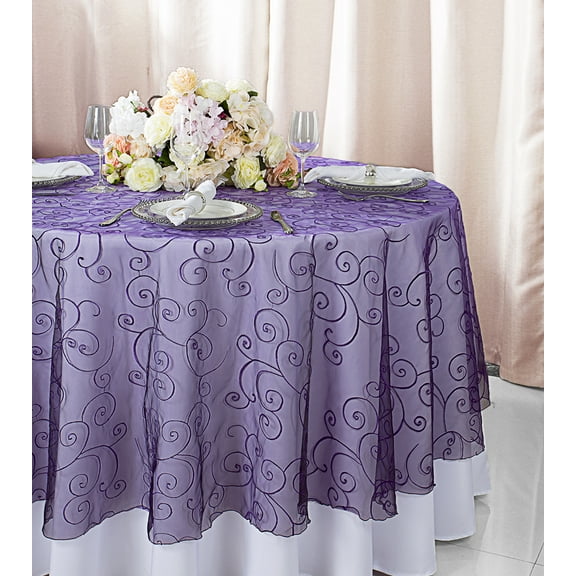 Wedding Linens Inc. 108" Round Seamless Embroidered Organza Table Overlay Tablecloth - Eggplant / Dark Purple