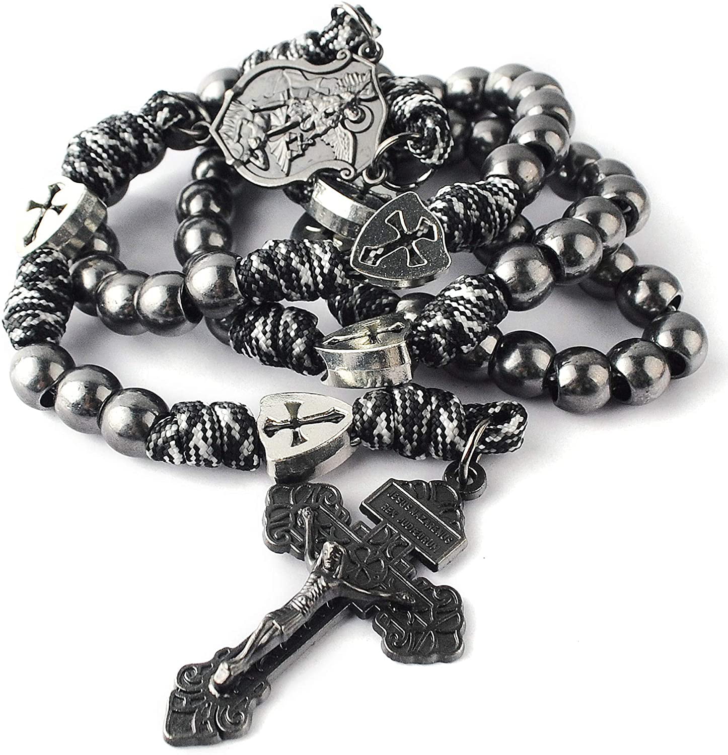 HanlinCC Large and Heavy Antique Bronze Metal Beads Rugged Durable Paracord Rosary Necklace with St.Michael Center Piece and Pardon Crucifix for Men 
