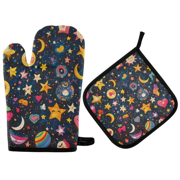 Yayeee Oven Mitts and Pot Holder Set of 2 Heat Resistant Kitchen Gloves Baking Hot Pad, Small Space Pattern