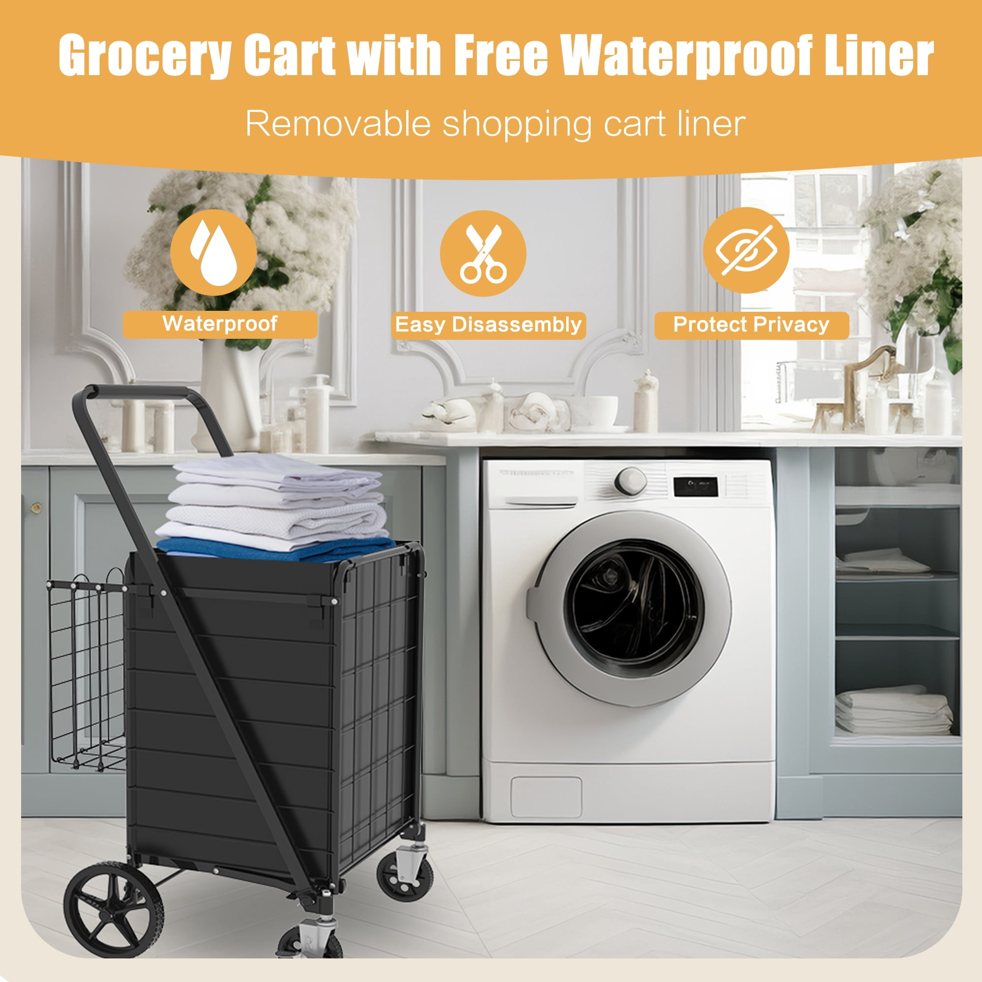 Yoneston Heavy Duty Shopping Cart with Side Basket, 340 LBS Capacity Folding Grocery Cart with Brake Wheels, Utility Cart for Laundry, Groceries, Travel, Black