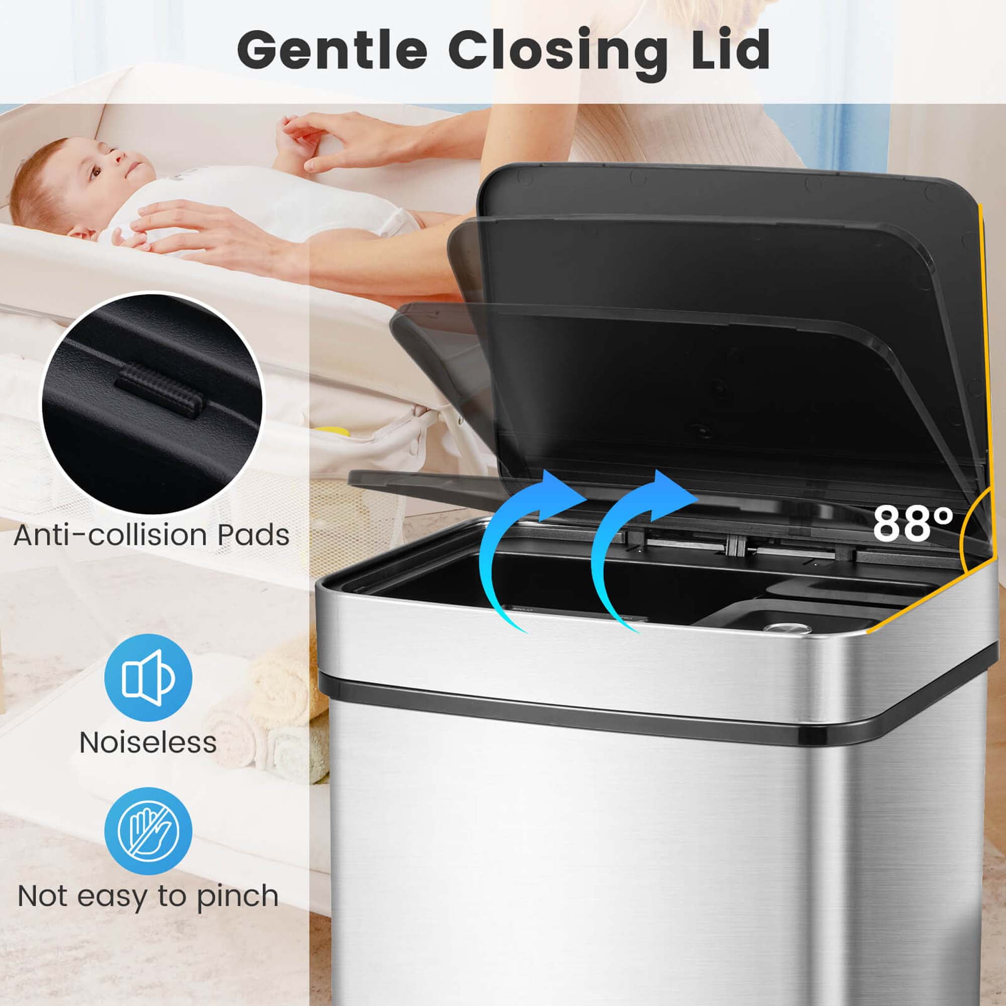 Costway 19 Gal Kitchen Trash Can with Soft Closing Lid & Stay-open Design Inner Buckets Silver