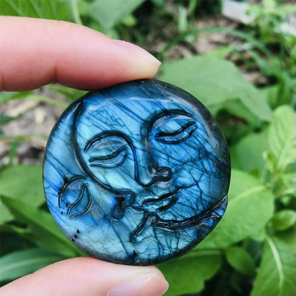 GKNET 2" Natural Labradorite Sun Moon Carved Quartz Crystal Skull Healing Palmstone