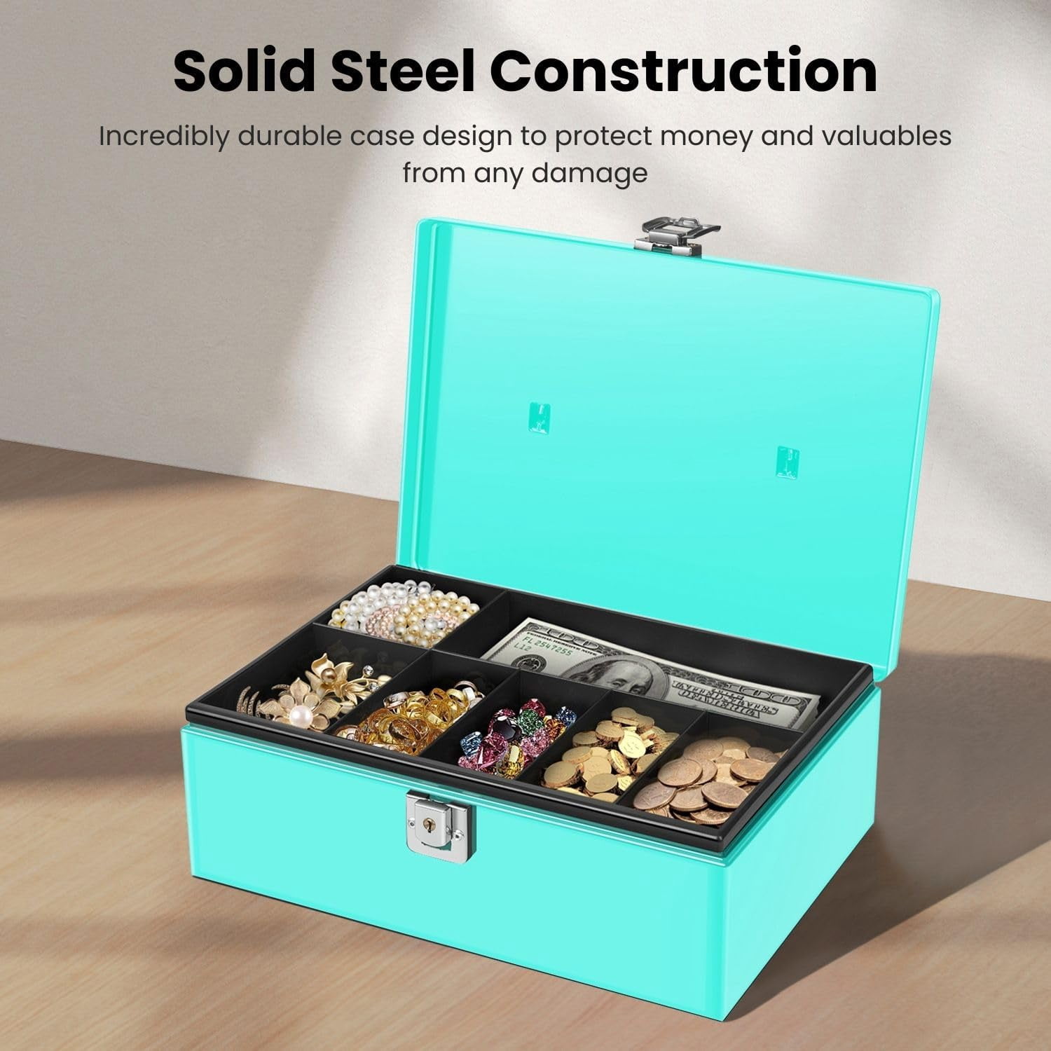 Flexzion Cash Box with Money Tray and Lock - Metal Money Box for Cash Storage with Secure Latch Lock & Key - Blue Petty Cash Box with 7 Compartment Money Tray for Small Businesses, 11x7.7x3.5 Inches