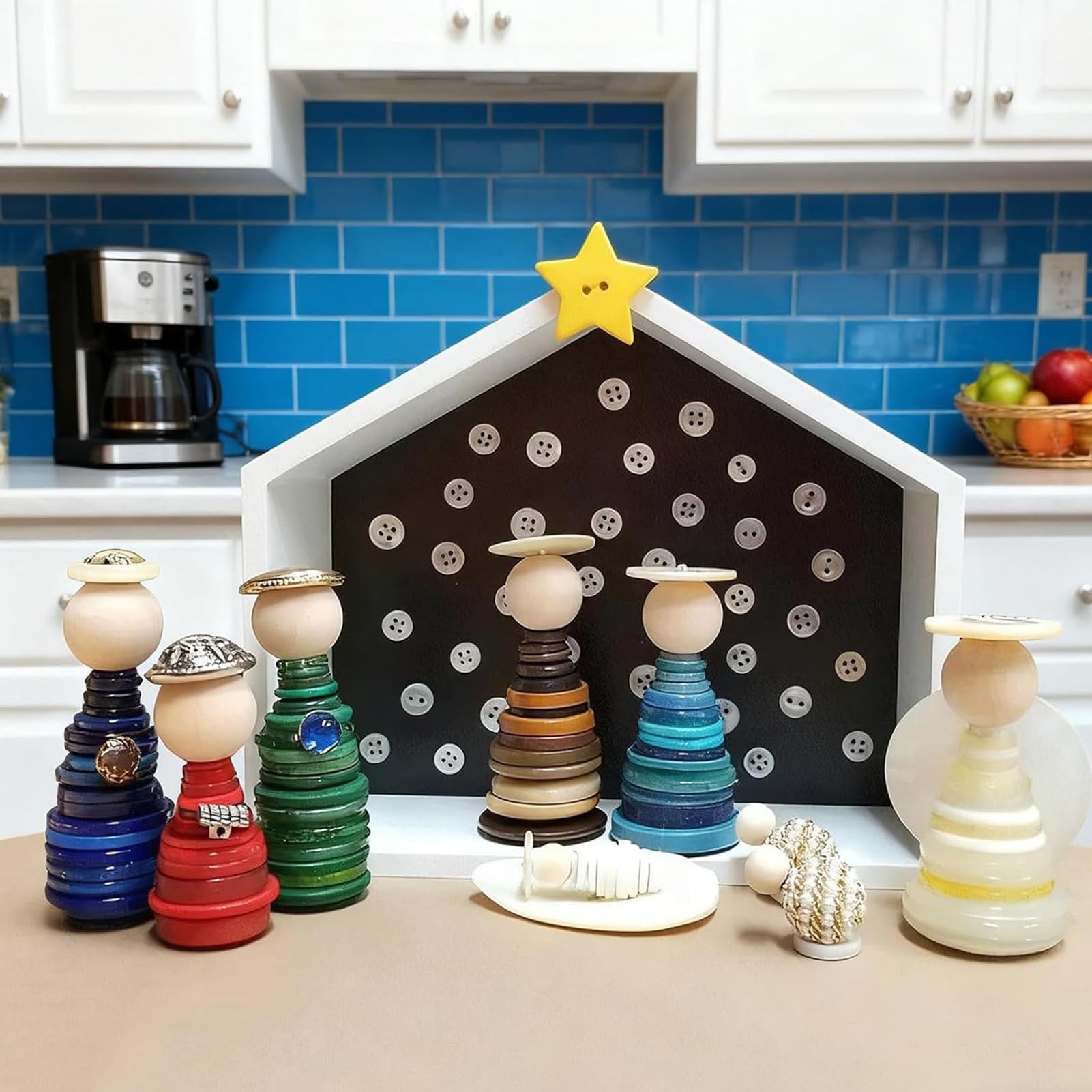 Dserfhy DIY Button Nativity Scene Kit Christmas Craft Set with Buttons Beads & Star for Holiday Decor Creative Christmas Ornament Making for Family Kids