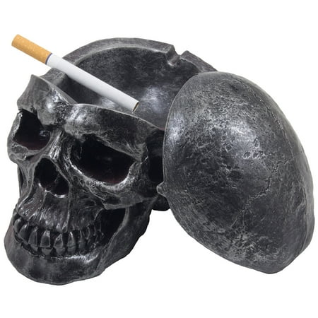 Scary Human Skull Covered Ashtray in Metallic Look for Spooky Halloween Decorations or Gothic Decor for Bar or Smoking Room by Home 'n